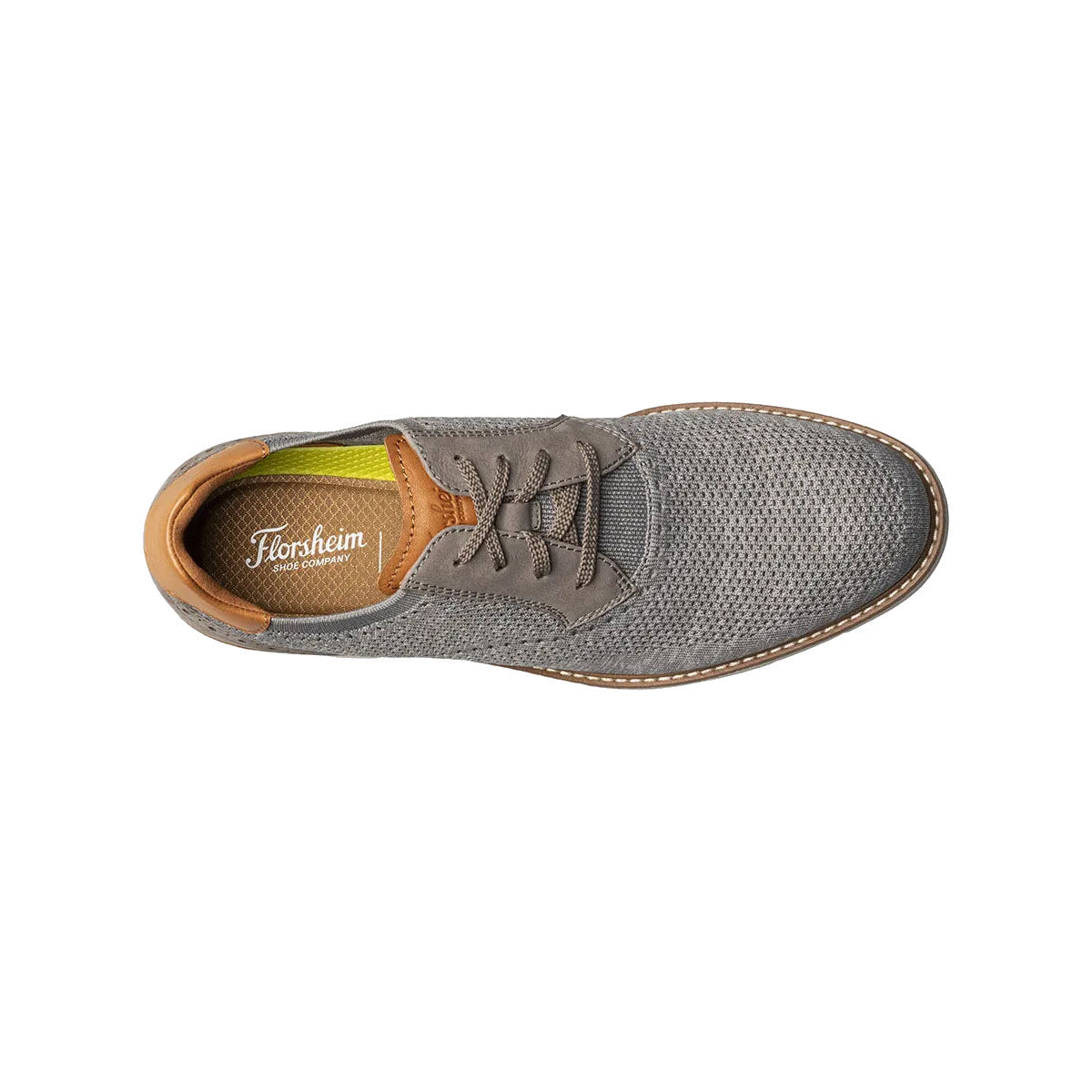 Florsheim Florsheim Vibe Knit Plain Toe Oxford Gray men&#39;s oxford shoe with laces, featuring a textured upper and a contrasting brown inner lining.