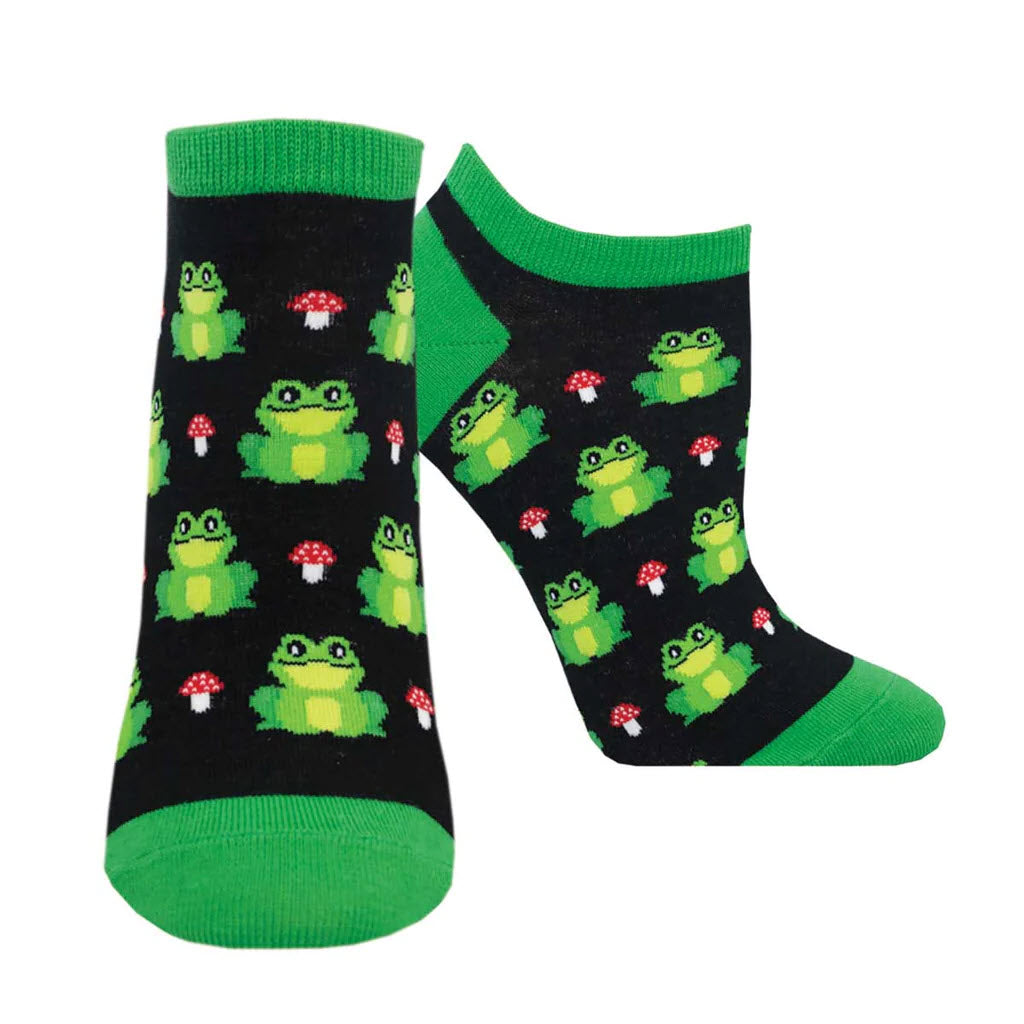 A pair of black and green Socksmith Shortie socks featuring a pattern of cartoon frogs and red mushrooms.
