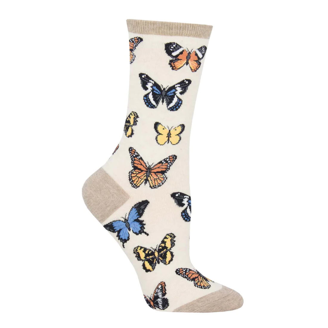 A single ivory crew sock from Socksmith decorated with colorful caterpillar and butterfly patterns, displayed against a white background.