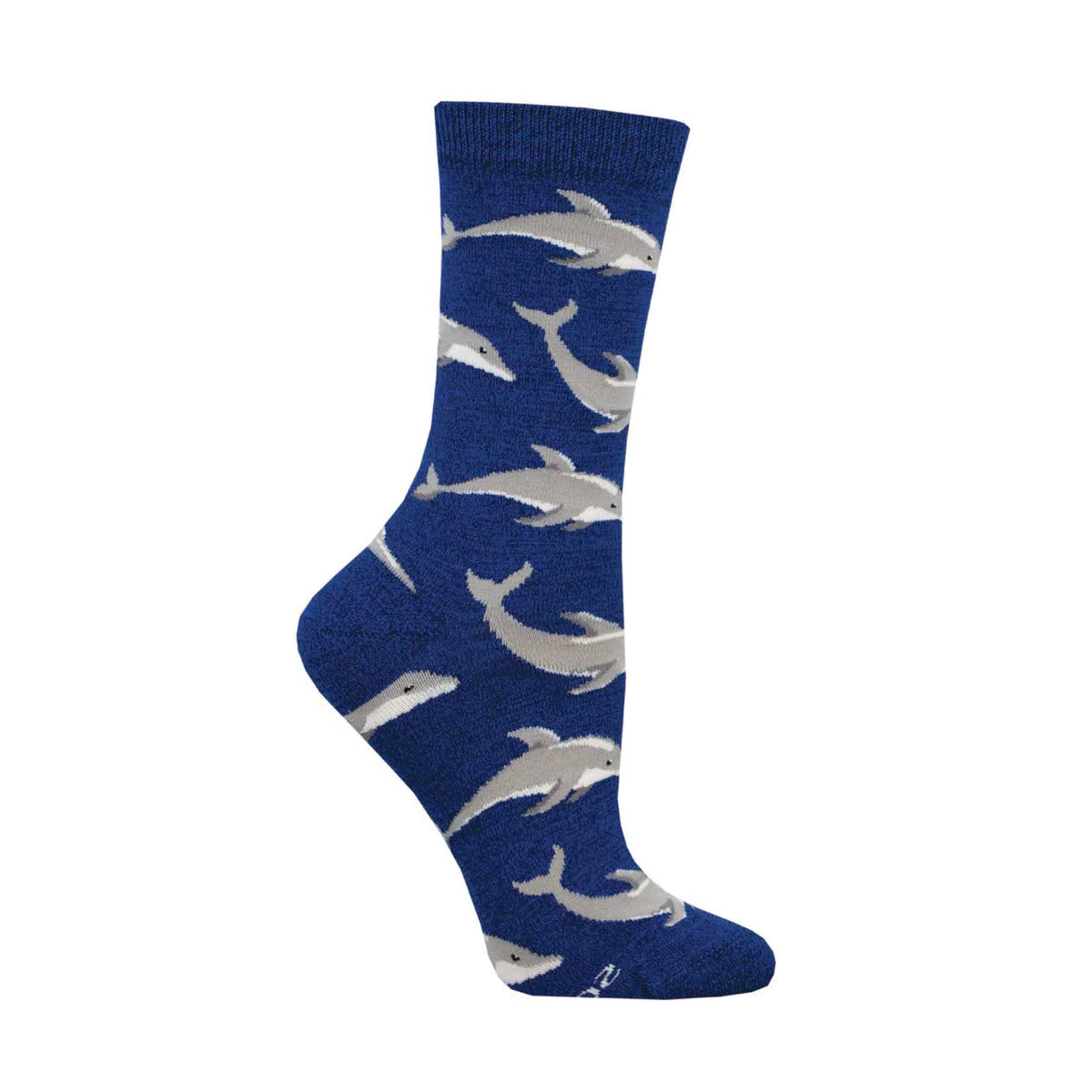 A single SOCKSMITH BAMBOO CREW SOCKS JOYOUS DOLPHINS BLUE - WOMENS with a fun white and gray dolphin pattern displayed against a white background.