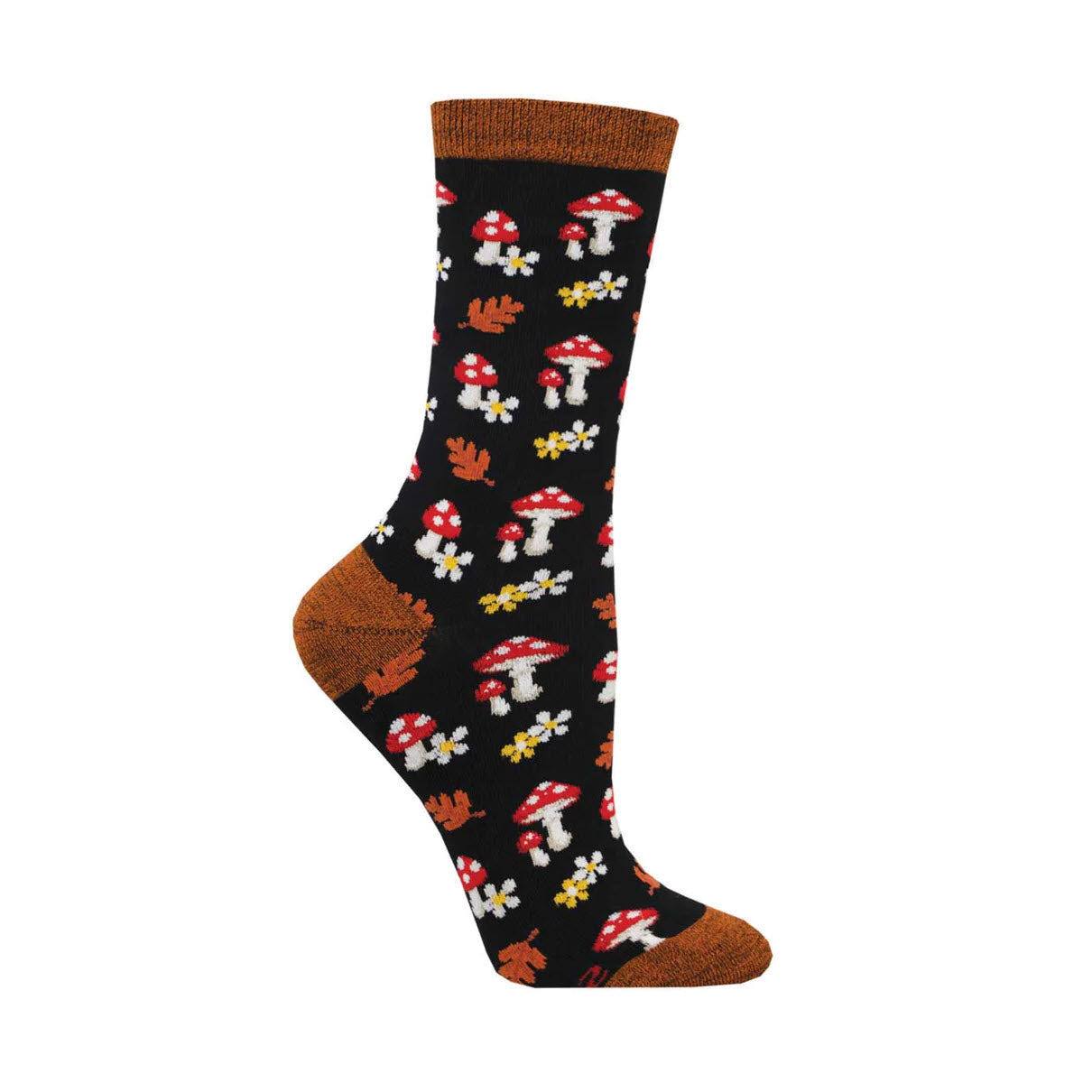 A single black Socksmith Bamboo Crew Socks Gems of the Forest Black - Womens with a colorful pattern of mushrooms and foliage on a white background, crafted from Bamboo fabric.