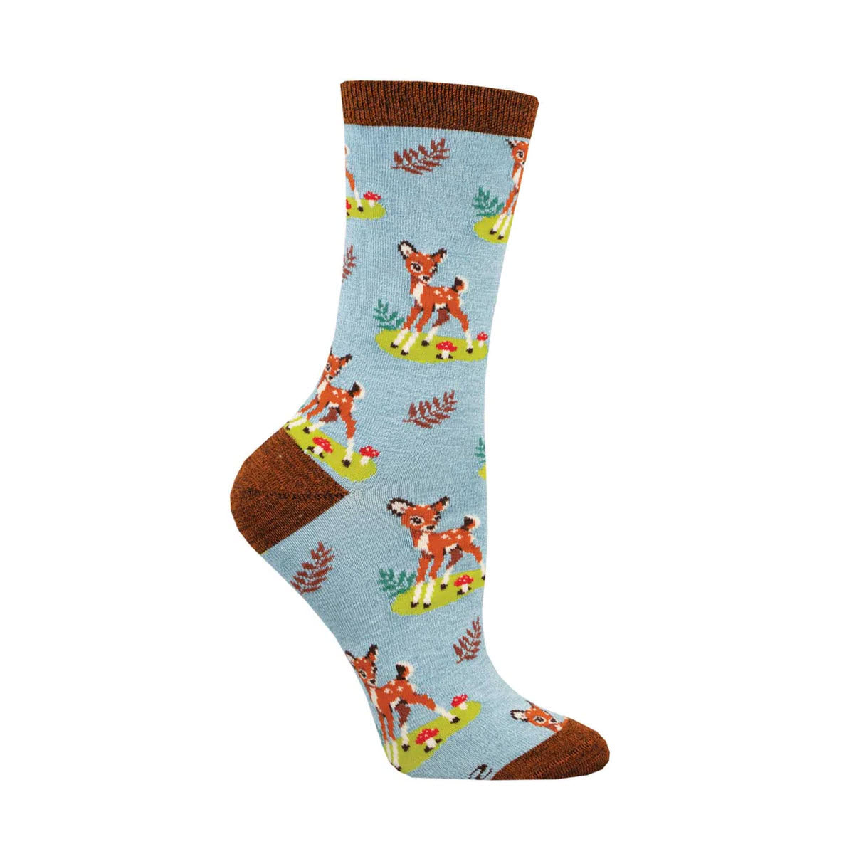 A single Socksmith Bamboo Crew sock in &quot;Oh Deer Blue&quot; with a pattern of small deer and yellow ducks frolicking, featuring brown heel, toe, and cuff.