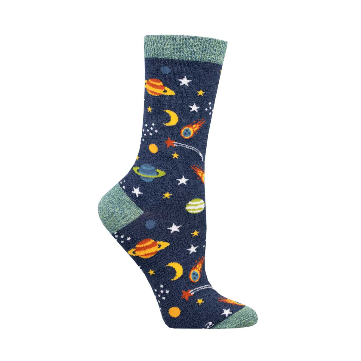 A single SOCKSMITH BAMBOO CREW SOCKS REACH FOR THE STARS NAVY - WOMENS with a colorful "Reach for the Stars" pattern, featuring planets, stars, and rockets on a dark blue background.