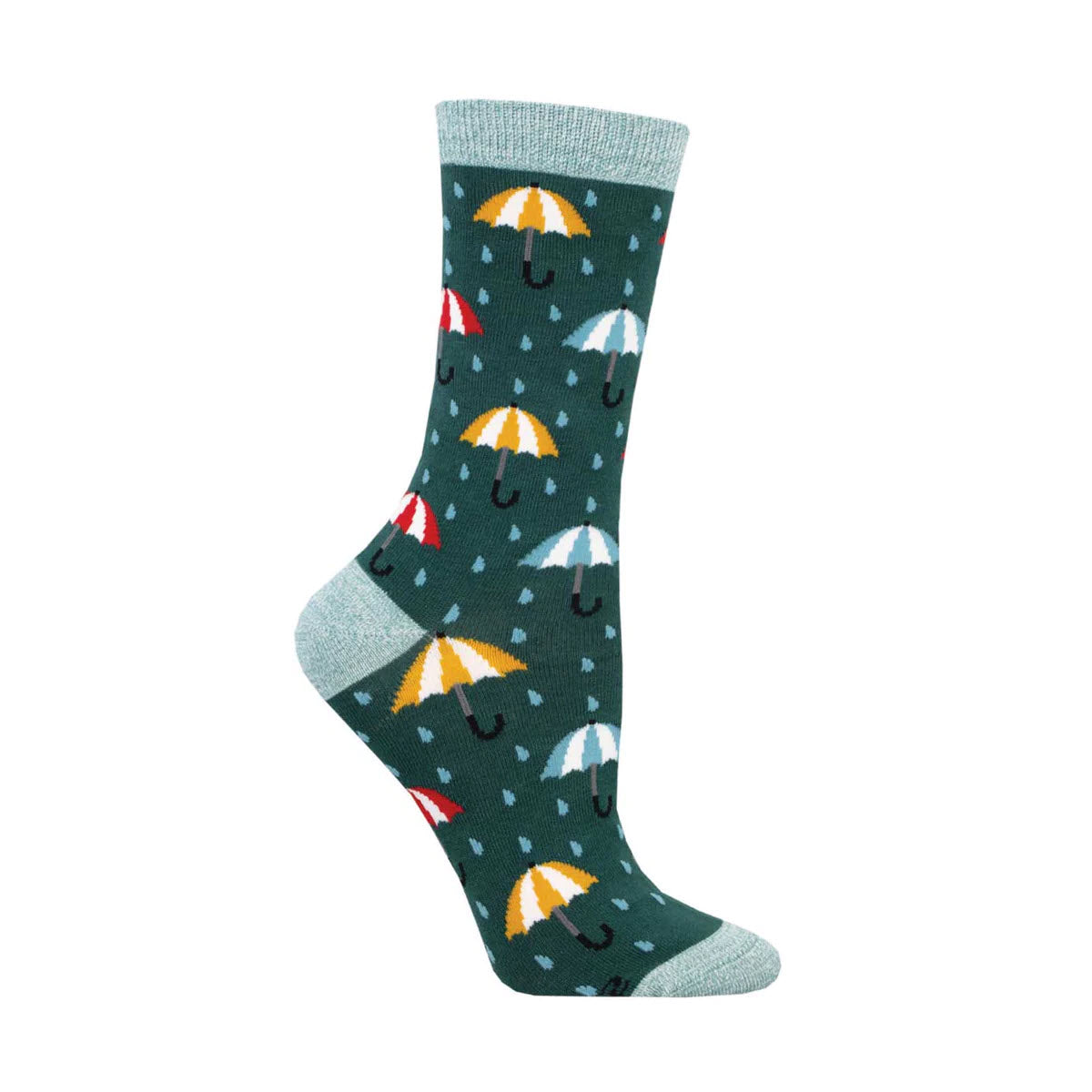 A single SOCKSMITH BAMBOO CREW SOCK adorned with colorful umbrella patterns, displayed against a white background, evokes the joy of dancing in the rain.