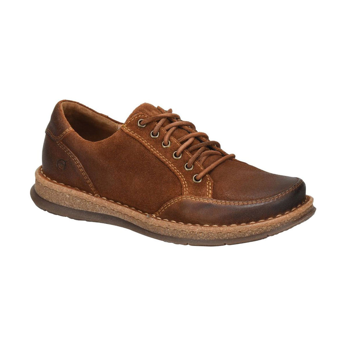 A single Born Bronson Lace Oxford Tan Saddle men’s shoe with laces, featuring a durable rubber outsole and visible stitching.