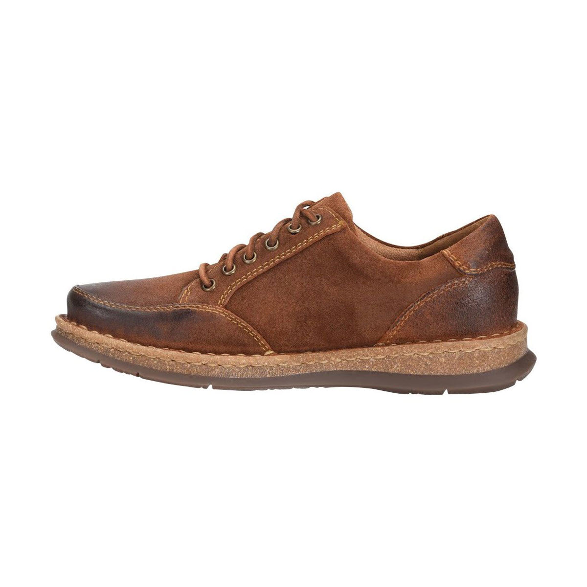 A Born Bronson Lace Oxford Tan Saddle - Mens with a leather upper casual shoe with a lace-up front and a durable rubber outsole, isolated on a white background.