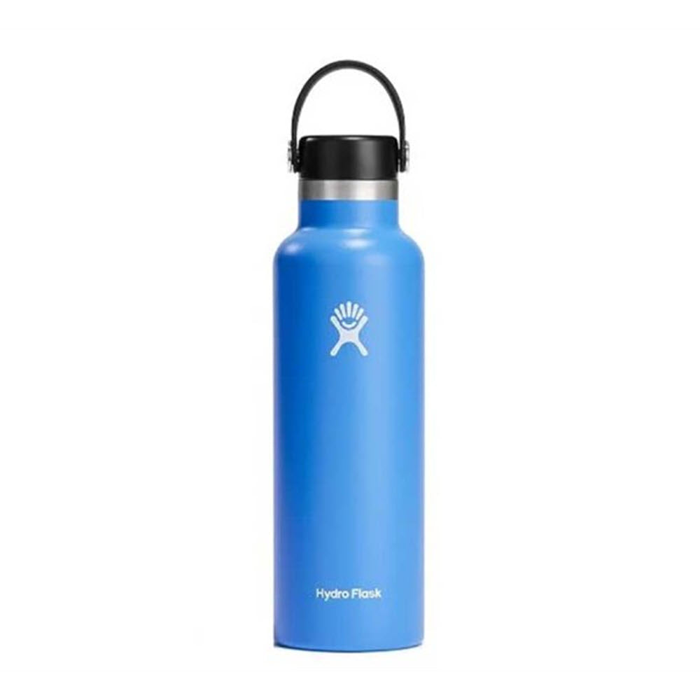 A stainless steel Hydro Flask Standard Hydration 21oz Cascade water bottle with a black lid and the brand&#39;s logo on the front, isolated on a white background.