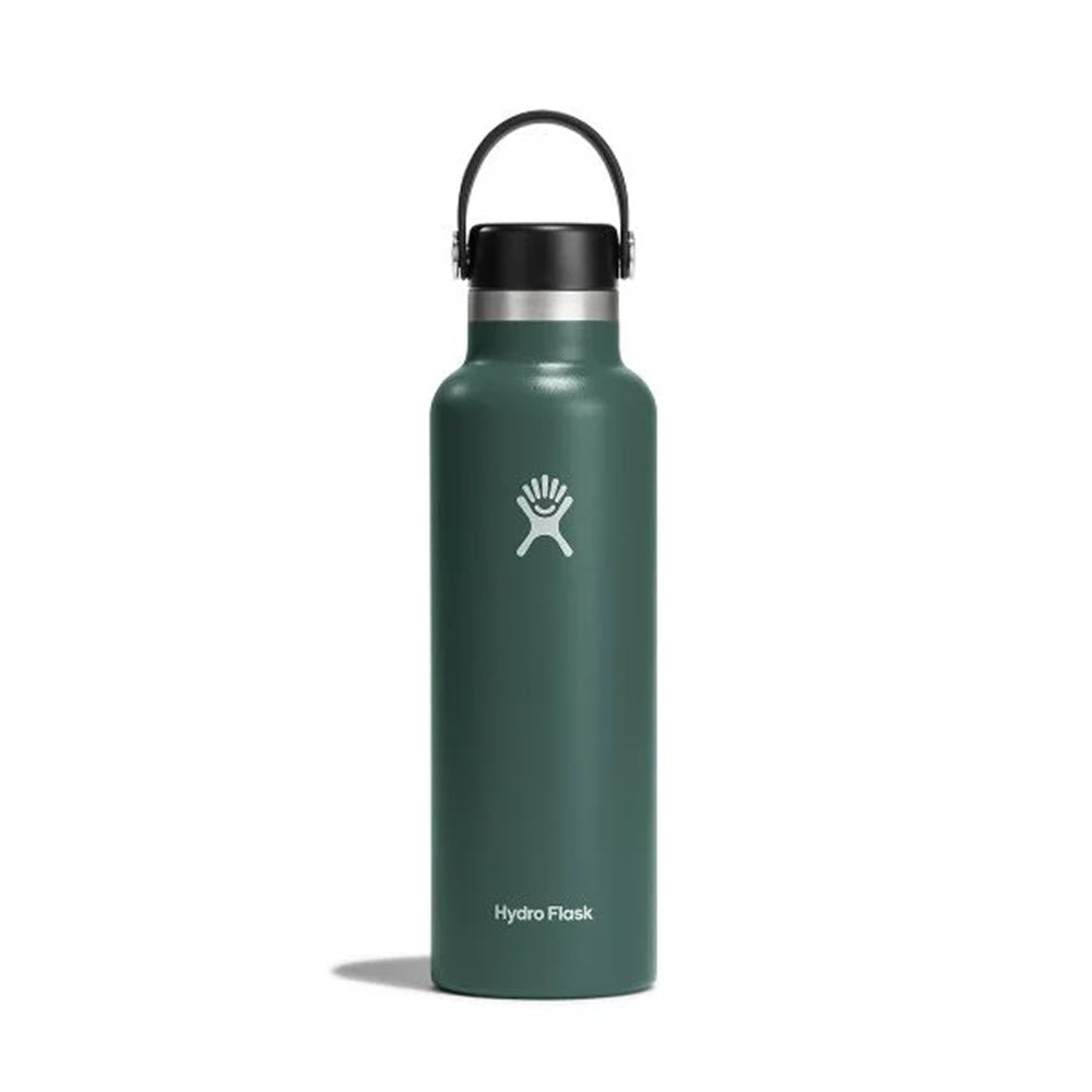 Stainless steel Hydro Flask Standard Hydration 21oz Fir insulated water bottle with a logo and black cap, isolated on a white background.