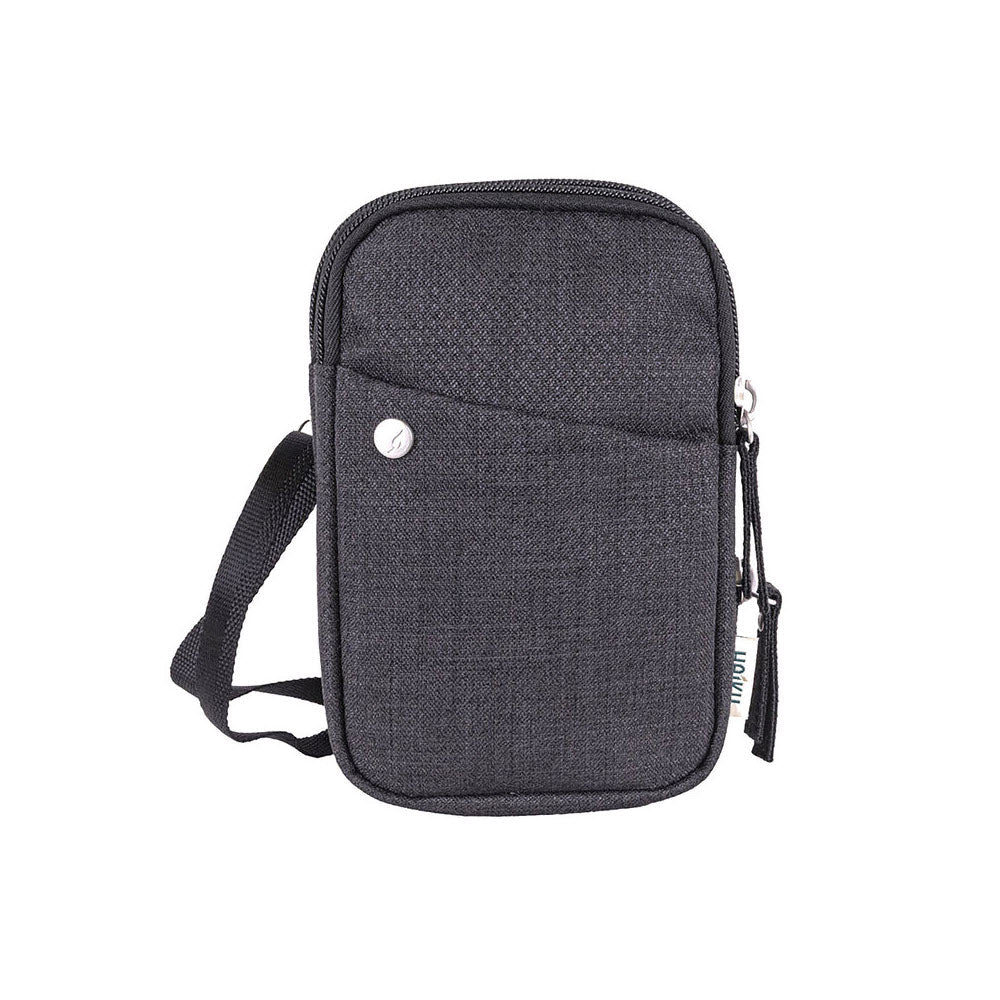 Haiku Endeavour Pouch Black in Bloom is a compact, dark gray shoulder bag with a front zipper compartment and an RFID-blocking adjustable strap, isolated on a white background.