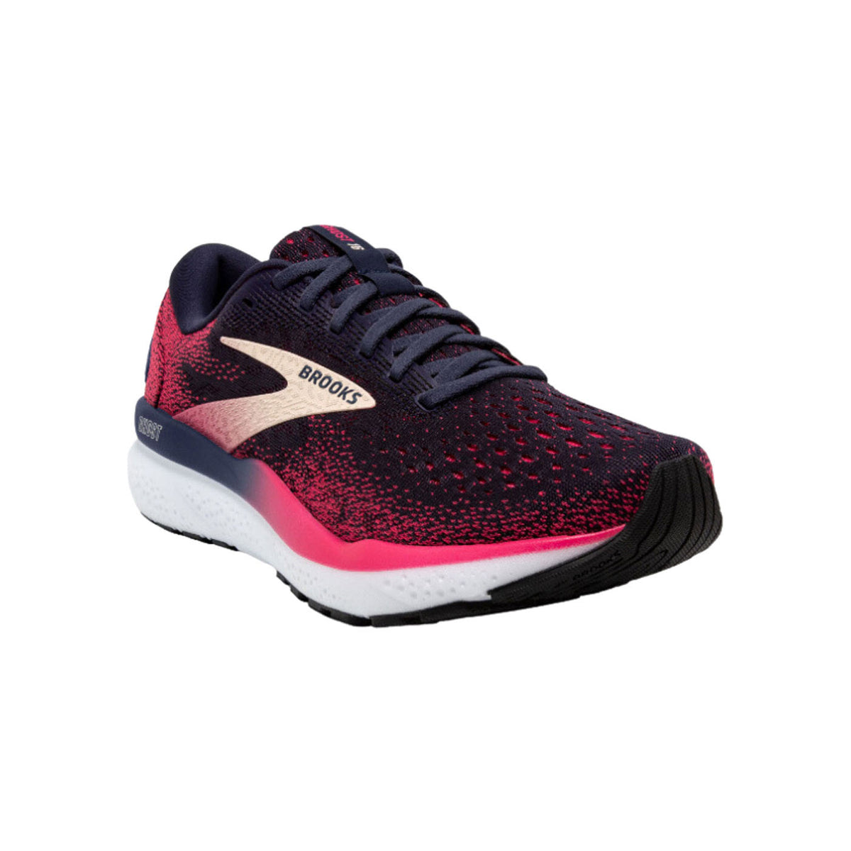 A BROOKS GHOST 16 PEACOAT/RASPBERRY/APRICOT - WOMENS with a navy blue upper, pink accents, a white midsole, and a black outsole. It features the Brooks logo on the side and is part of the Ghost 16 series.