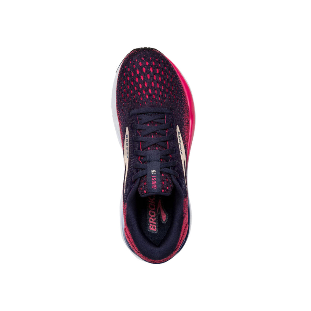 Top view of a single athletic shoe with a dark mesh upper, dark laces, and red accents. The insole features the brand name &quot;Brooks.&quot; These Brooks running shoes are the BROOKS GHOST 16 PEACOAT/RASPBERRY/APRICOT - WOMENS model, known for their improved cushioning.