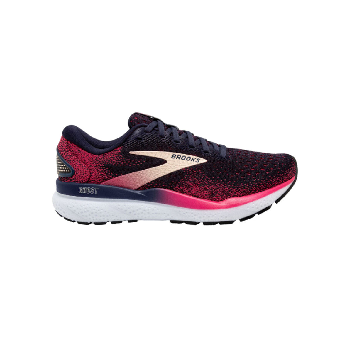 A single athletic shoe in navy, pink, and white with the brand name &quot;Brooks&quot; on the side. This stylish piece forms part of the BROOKS GHOST 16 PEACOAT/RASPBERRY/APRICOT - WOMENS series of running shoes.