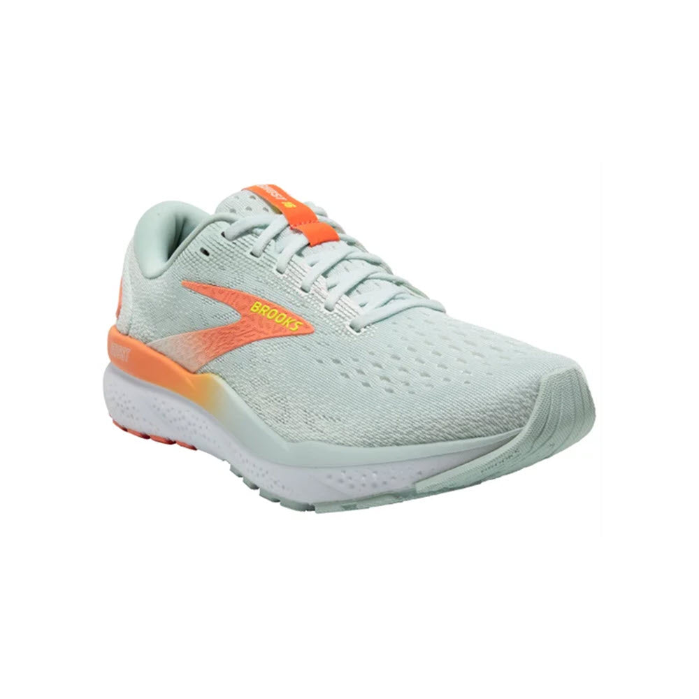 A light gray Brooks Ghost 16 Skylight/Coconut/Sunset daily trainer with orange accents on the logo and heel, set against a white background.