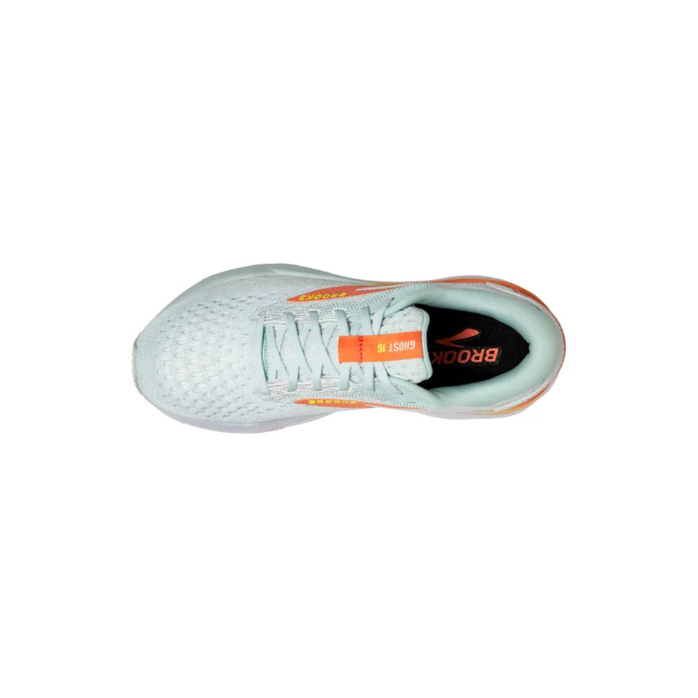 Top view of a well-cushioned underfoot, gray and orange Brooks Ghost 16 Skylight/Coconut/Sunset running shoe on a white background.