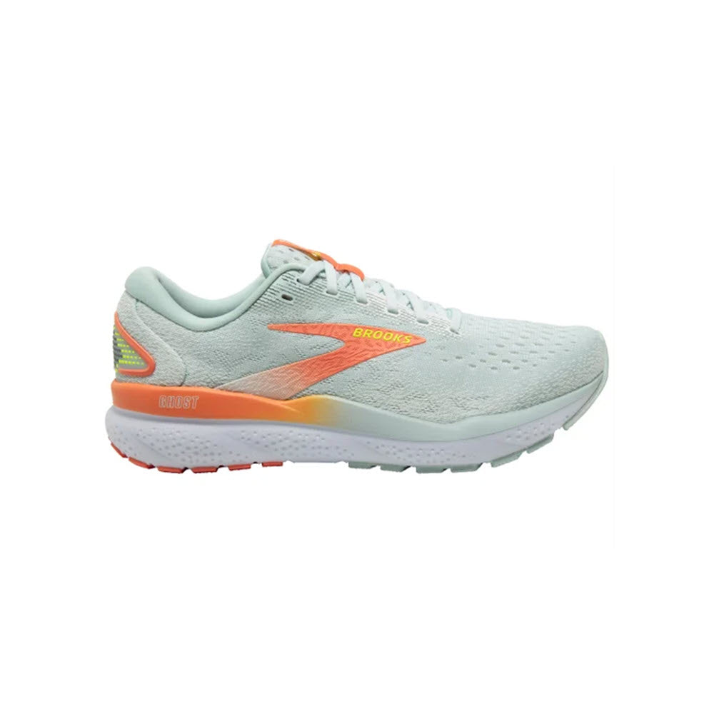 A single light gray Brooks Ghost 16 Skylight/Coconut/Sunset running shoe with orange accents and well-cushioned underfoot, on a white background.