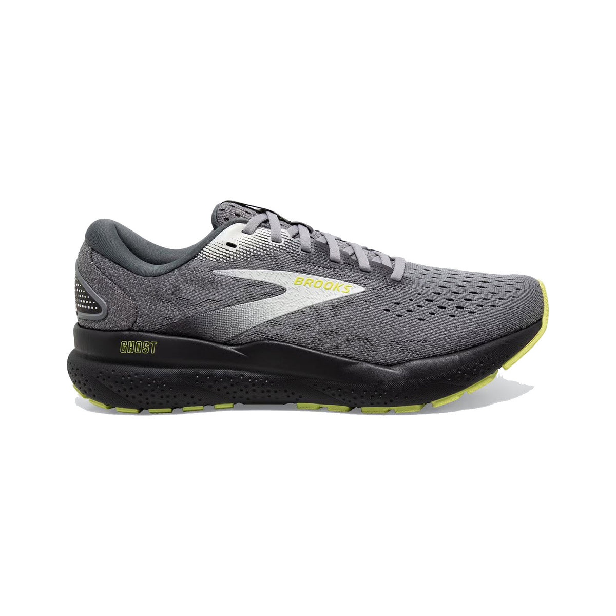 A single men&#39;s Brooks Ghost 16 running shoe with a grey upper, white logo, and black sole featuring yellow accents.