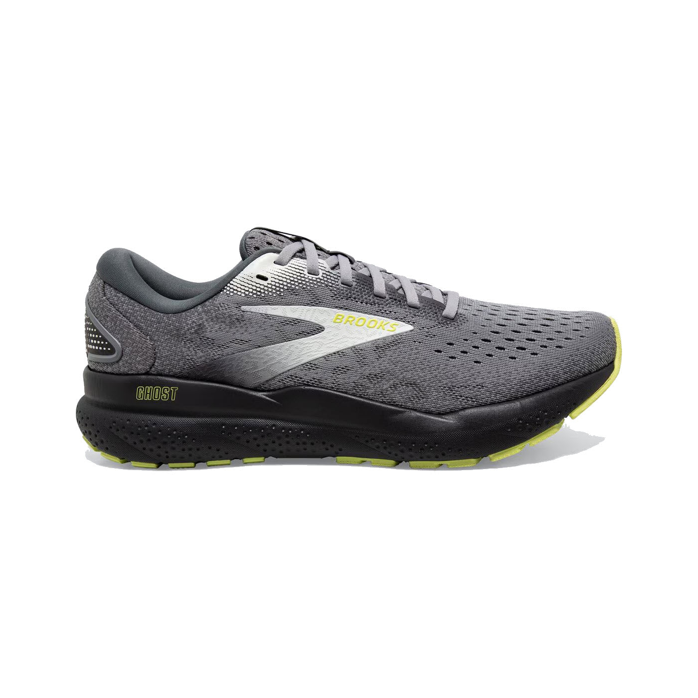 A single men's Brooks Ghost 16 running shoe with a grey upper, white logo, and black sole featuring yellow accents.