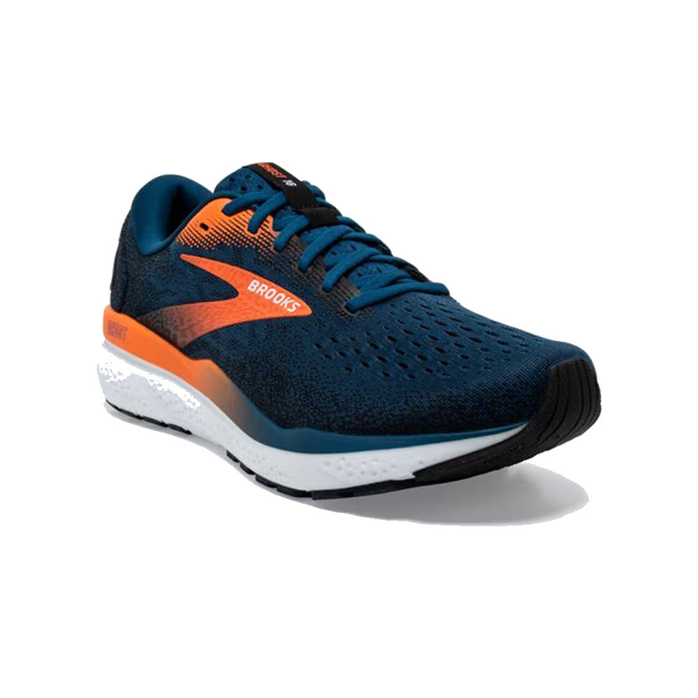 A single blue and orange men&#39;s Brooks Ghost 16 running shoe on a white background.