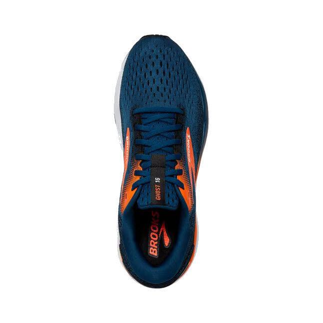 Top view of a navy blue men&#39;s Brooks Ghost 16 running shoe with orange accents and laces, displayed on a white background.