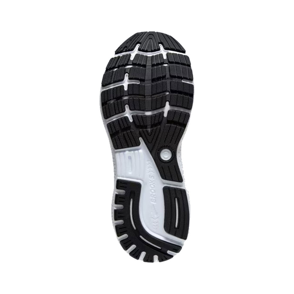 Bottom view of a men&#39;s Brooks Ghost 16 running shoe sole with tread pattern and visible cushioning technology.