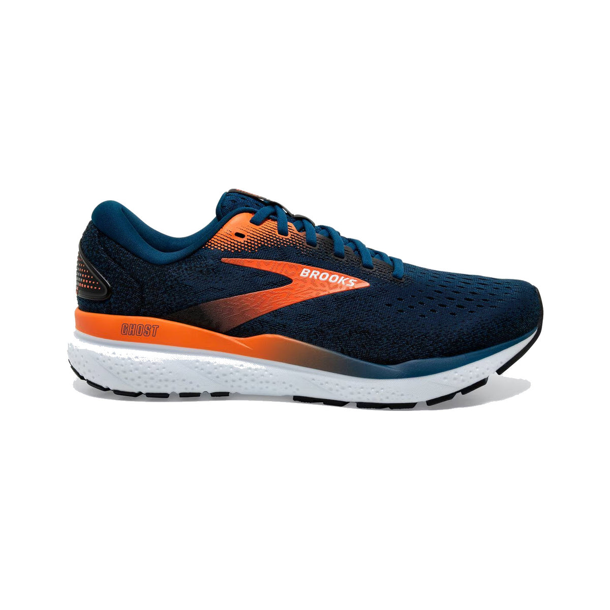 A blue men&#39;s Brooks Ghost 16 running shoe with orange accents and a breathable upper, displayed in profile view on a white background.