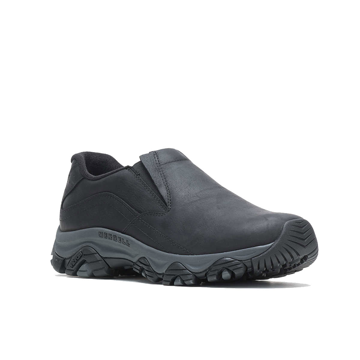 Merrell Moab Adventure 3 Moc black leather slip-on casual shoe, featured on a white background.