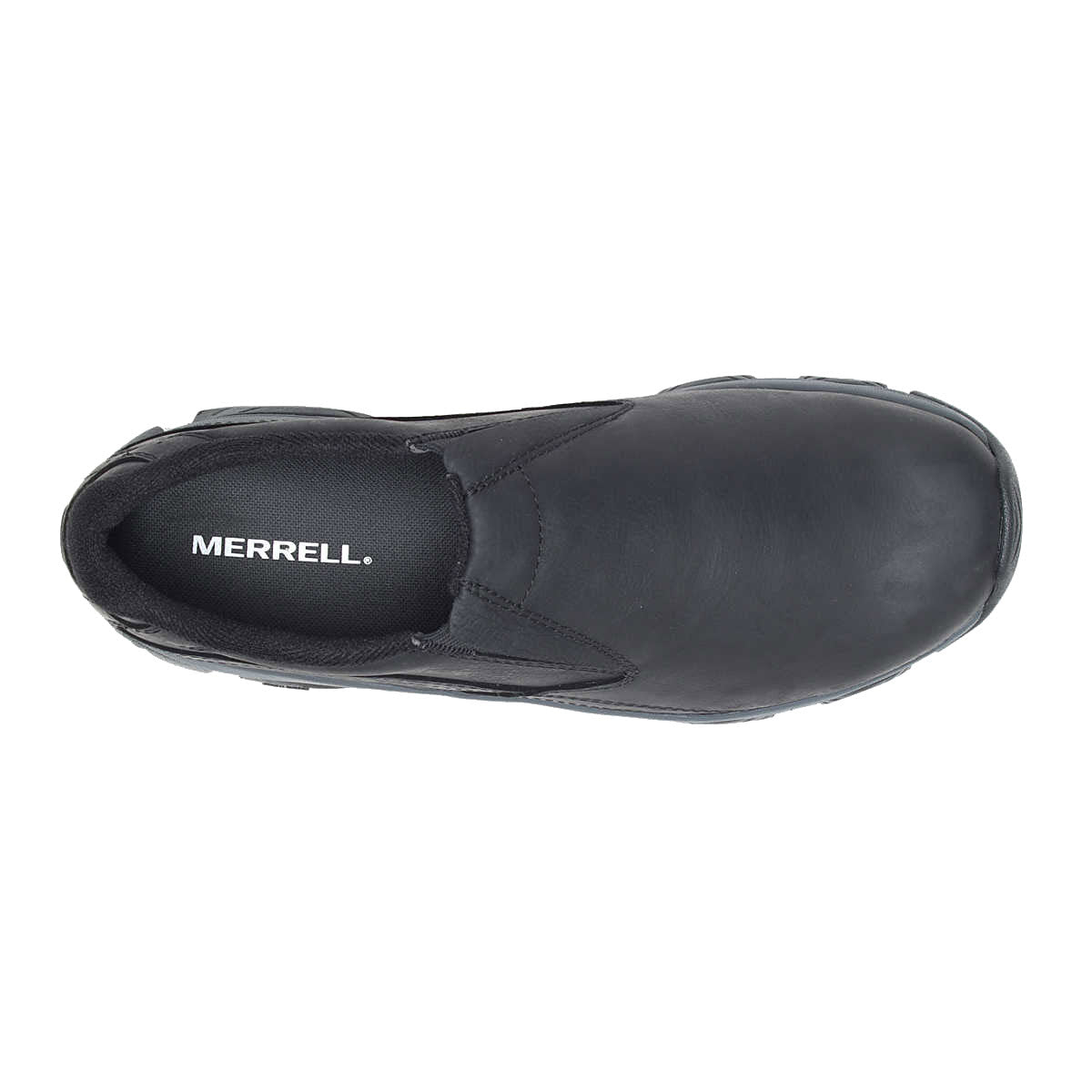 Top view of a black Merrell Moab Adventure 3 Moc slip-on shoe showing the Merrell brand name on the insole.