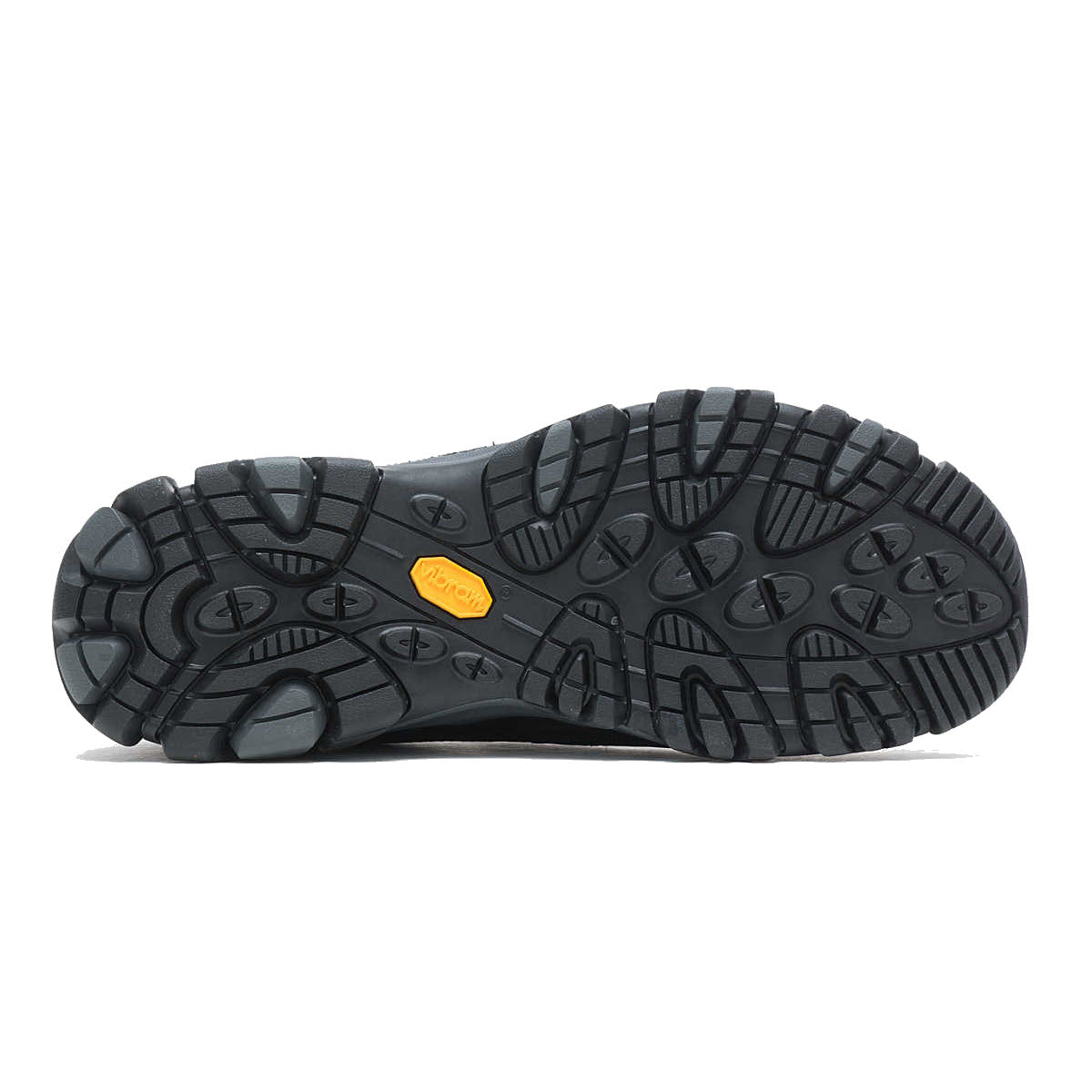 A close-up of the textured black Vibram® TC5+ outsole of a Merrell MOAB ADVENTURE 3 MOC BLACK LEATHER - MENS shoe, featuring circular and geometric tread patterns and a small orange logo.