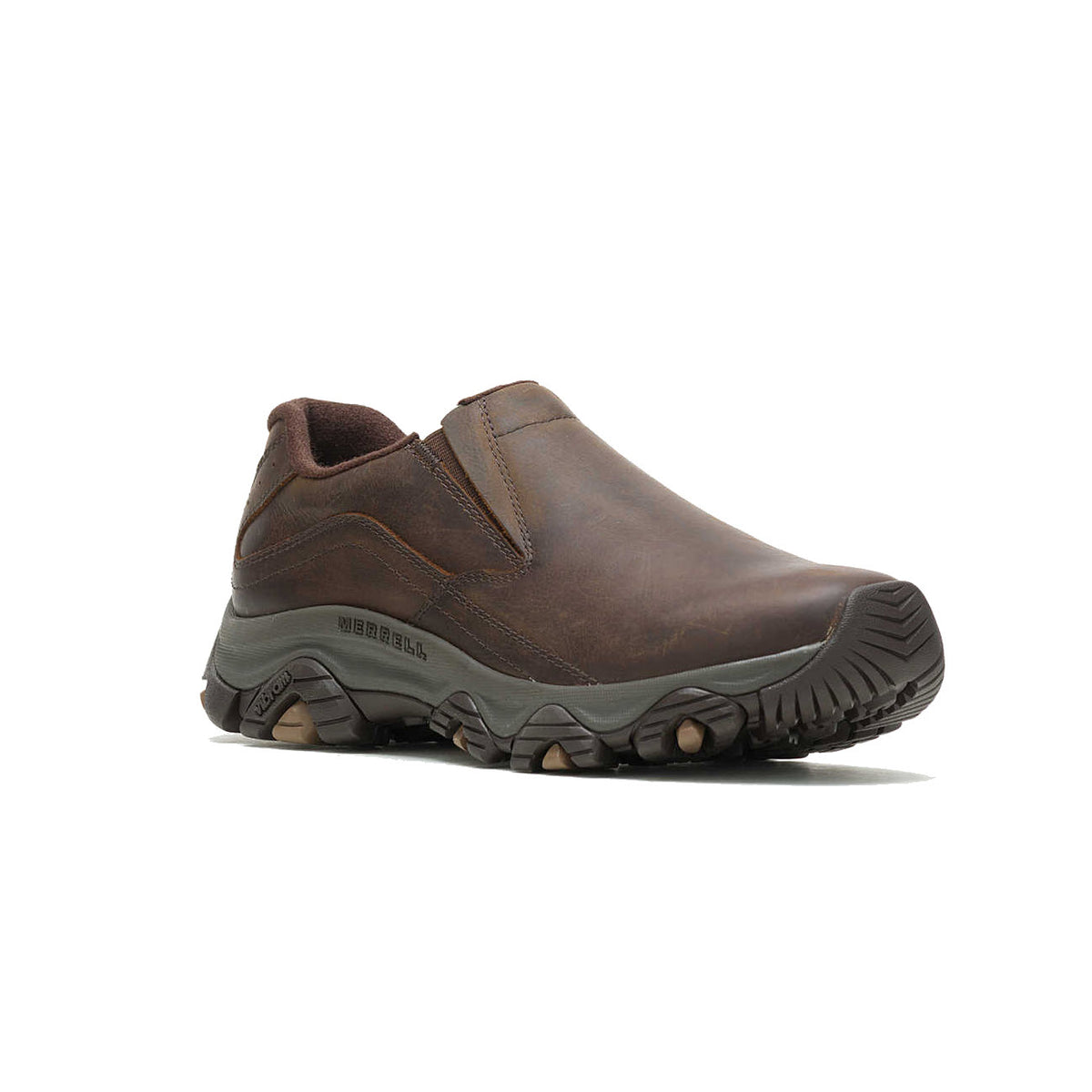 A brown waterproof Merrell Moab Adventure 3 Moc Leather Earth slip-on shoe with a rugged sole, showcasing prominent stitching and elastic side panels.