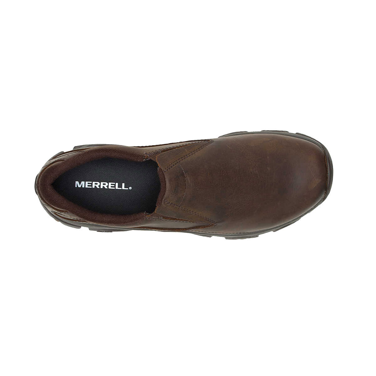 Top view of a single brown Merrell Moab Adventure 3 Moc Leather Earth shoe, showing the slip-on design and the brand name label inside.