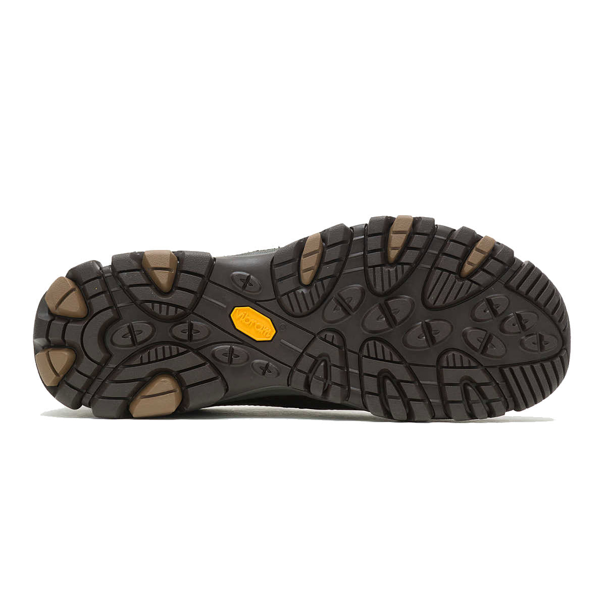 Bottom view of a Merrell MOAB ADVENTURE 3 MOC LEATHER EARTH - MENS shoe displaying a detailed black and tan Vibram® TC5+ outsole tread pattern with a visible brand logo.