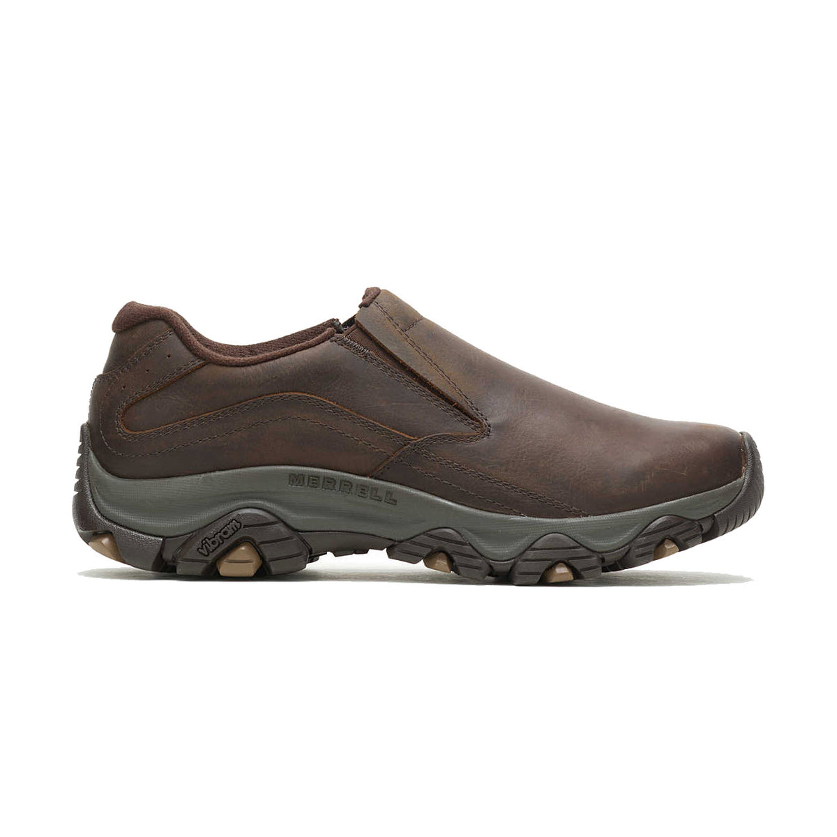 A brown waterproof full grain leather Merrell men&#39;s slip-on shoe with elastic side panels and a rugged rubber sole, displayed against a white background.