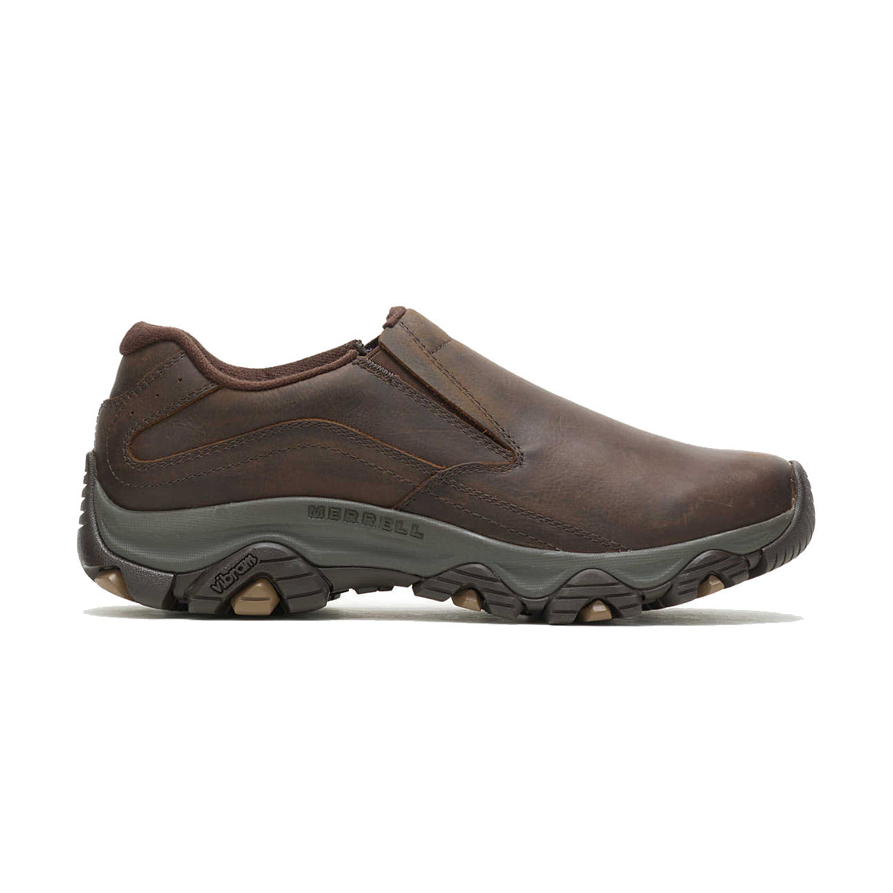A brown waterproof full grain leather Merrell men's slip-on shoe with elastic side panels and a rugged rubber sole, displayed against a white background.