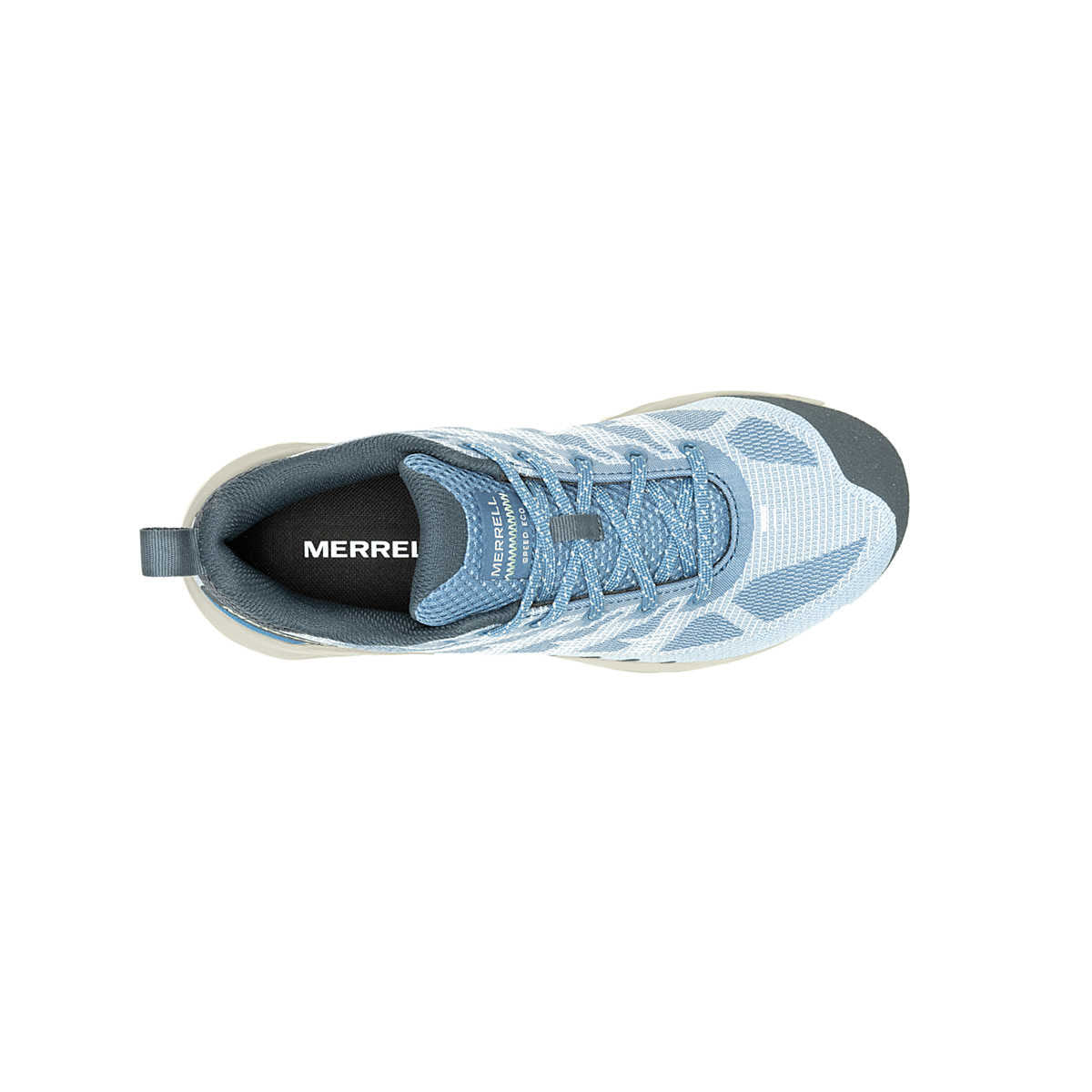 Top view of a light blue and white Merrell SPEED ECO CHAMBRAY hiking shoe with a recycled rubber outsole on a white background.