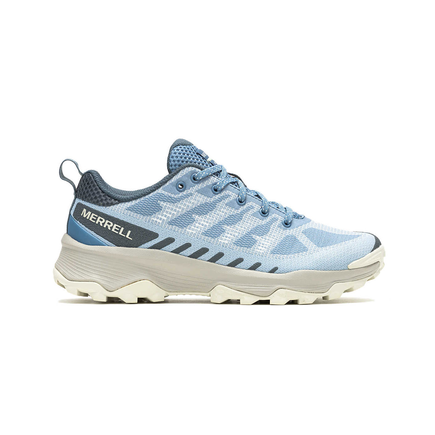 A blue Merrell Speed Eco Chambray hiking shoe with a recycled rubber outsole, featuring the Merrell brand name on the heel and a lace-up front.