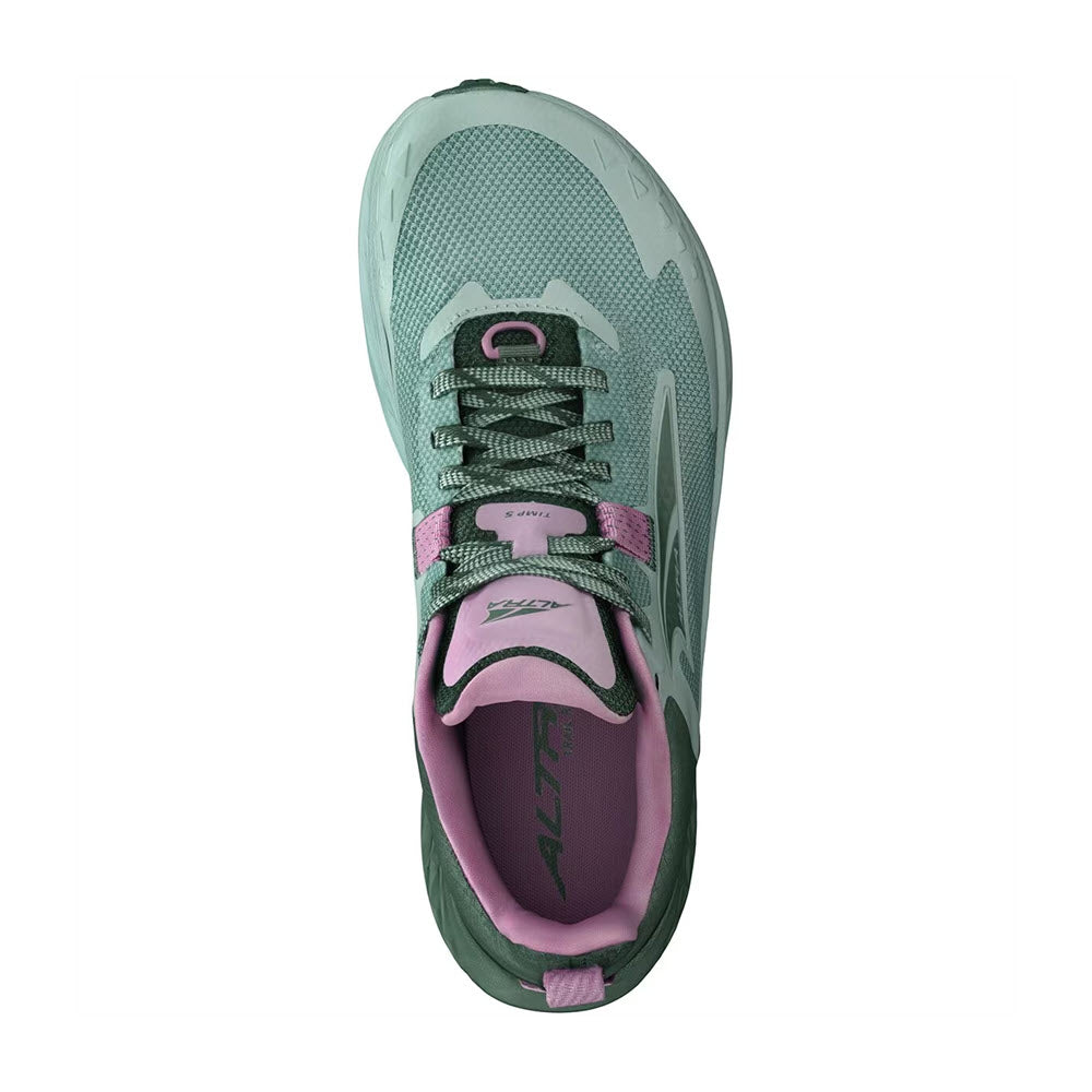 Top view of a Altra Timp 5 Green/Forest trail running shoe showing the laces and breathable mesh fabric.