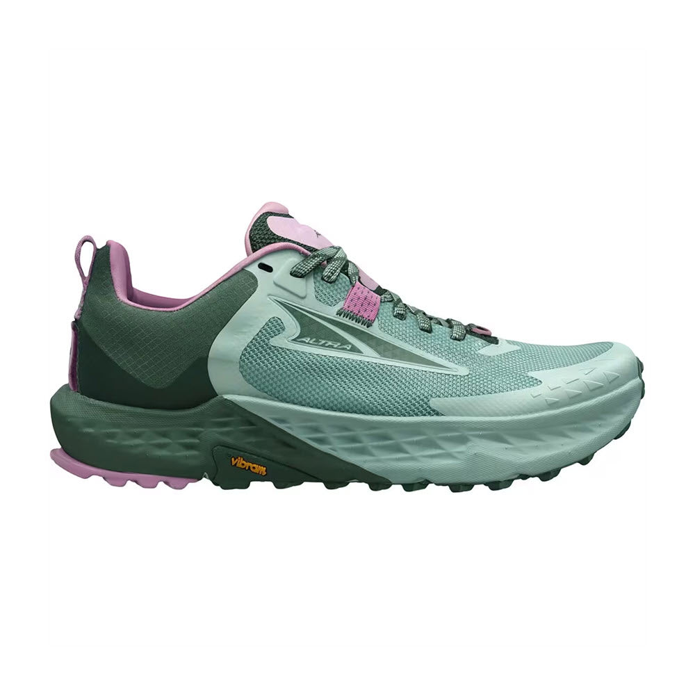 A pair of Altra Timp 5 Green/Forest trail running shoes in mint green and pink, featuring a Vibram® Megagrip outsole and lace-up front.