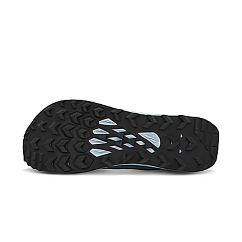 Altra black water-resistant hiking boots sole with a patterned MaxTrac outsole and contrasting silver elements.