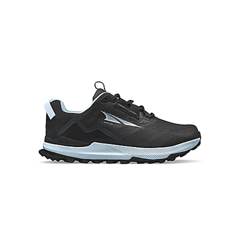 A black Altra ALTRA LONE PEAK ALL-WTHR LOW 2 athletic running shoe with a white sole and gray accents.