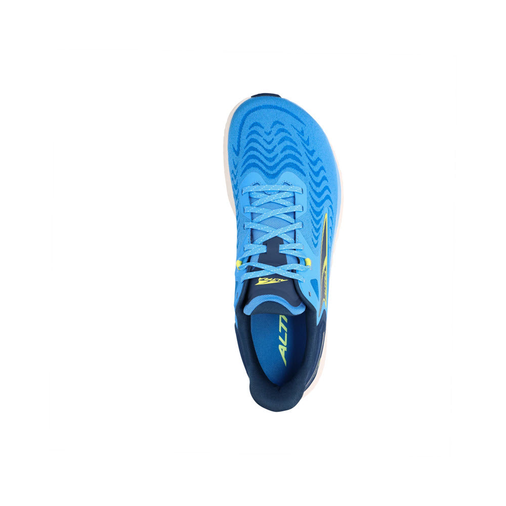 Top view of an Altra Torin 7 Blue running shoe with yellow accents and an engineered mesh upper, isolated on a white background.