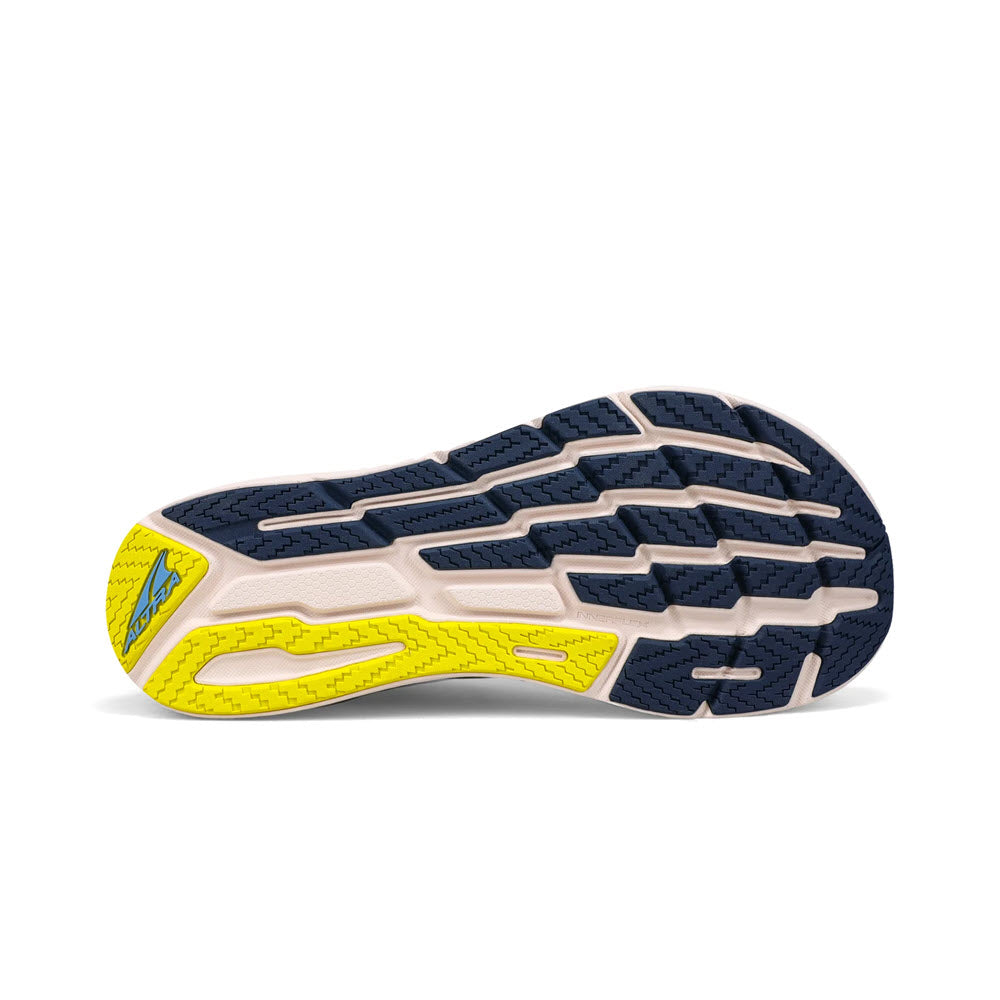 Bottom view of a sports shoe sole featuring a navy blue and yellow design with intricate tread patterns for grip, crafted from Altra Torin 7 Blue - Men foam.