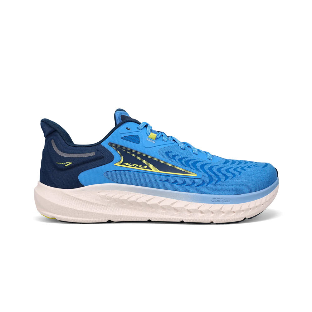 Blue and navy Altra running shoe featuring an engineered mesh upper, with a white sole and yellow logo detail, displayed on a plain white background.