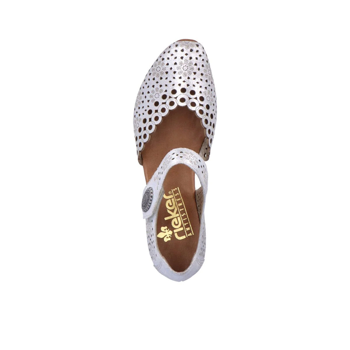 Top view of a single white perforated Rieker flat shoe with a round toe and a brown insole, featuring an adjustable ankle strap, isolated on a white background.