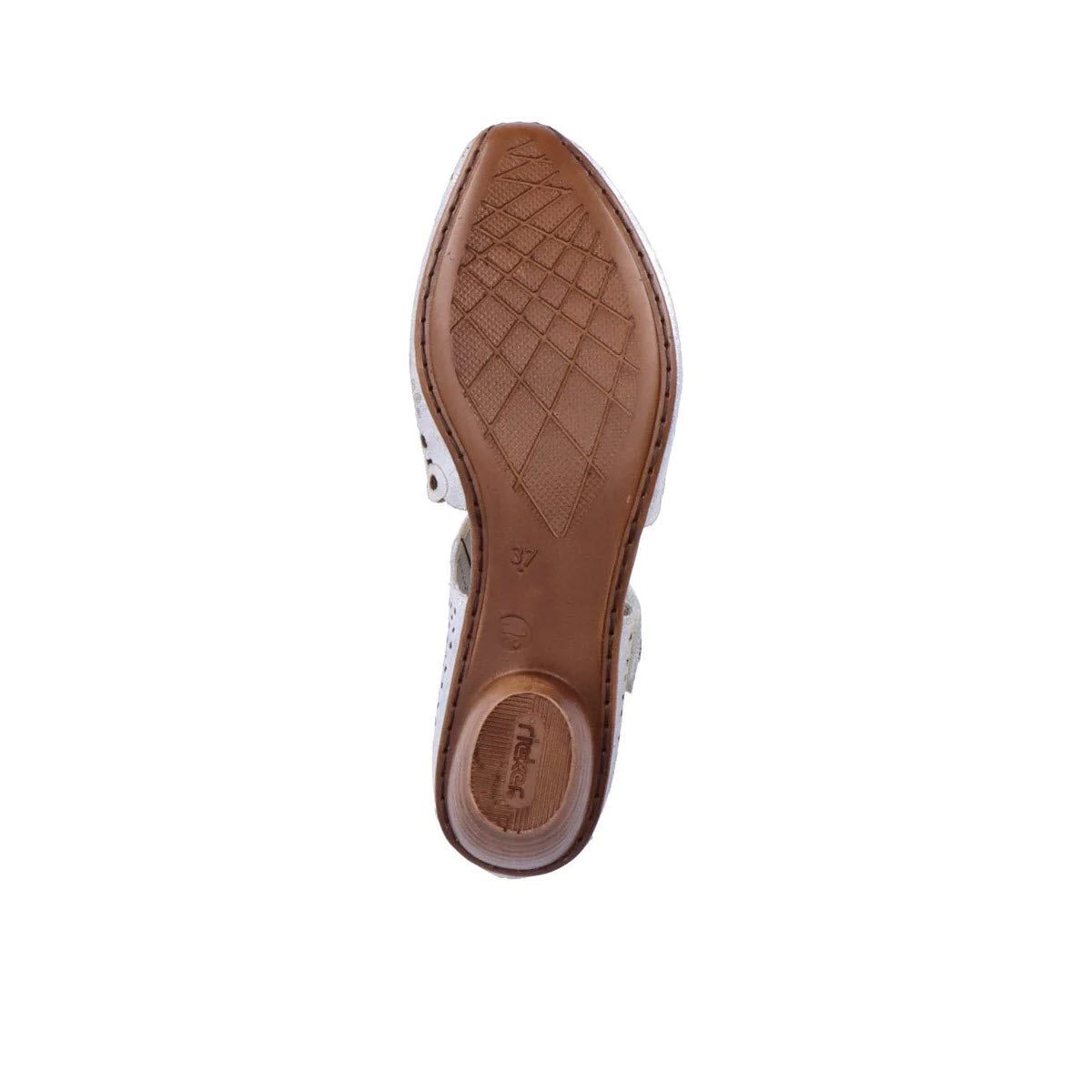 Bottom view of a brown leather Rieker Women&#39;s RIEKER PERFED MARY JANE KITTEN HEEL SILVER showing the textured sole and size marking.