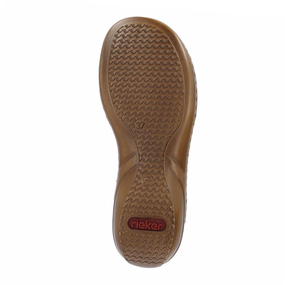 A brown Rieker sling-back sandal with a zigzag tread pattern and the Rieker brand logo embossed in red at the heel.