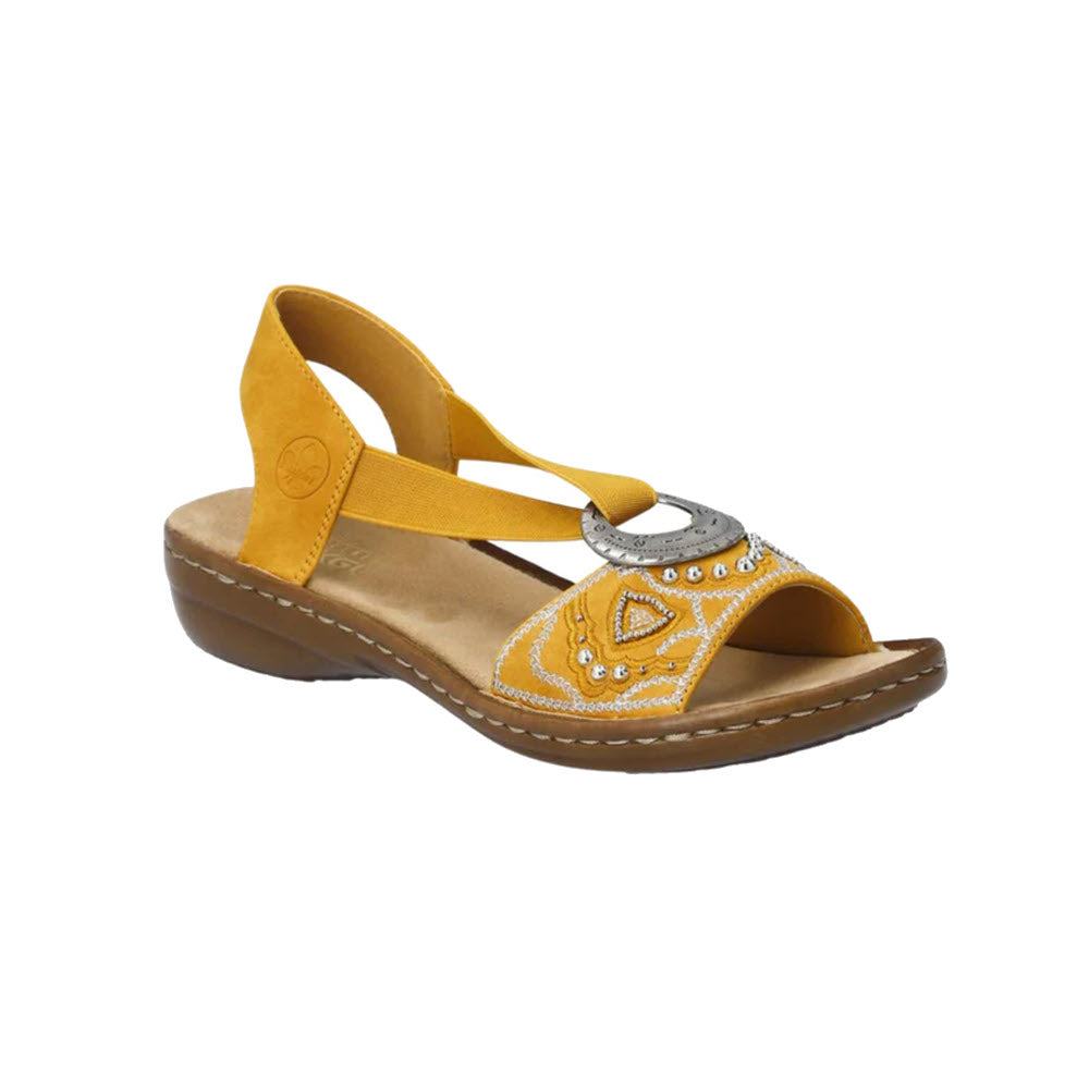 Yellow Rieker women&#39;s sling-back sandal with decorative beads and a hook-and-loop strap, isolated on a white background.