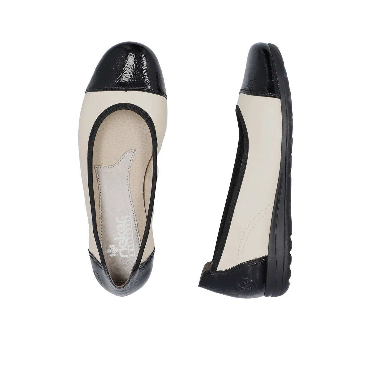 A pair of Rieker women&#39;s two-toned leather ballet pumps displayed from top and side views, featuring black and beige colors with a patent toe cap.