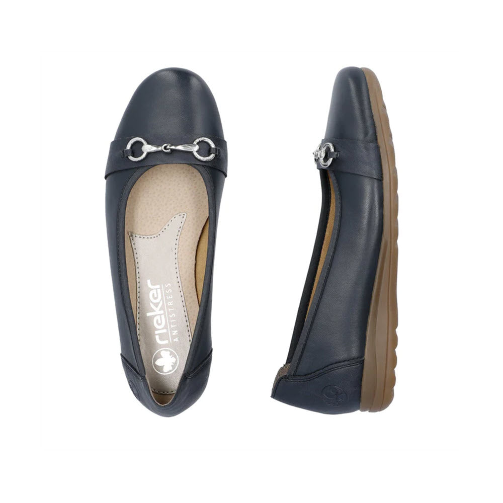 A pair of Rieker women’s loafers with a silver chain accent on the top, displayed from top and side views against a white background, featuring wedge-heeled outsoles.