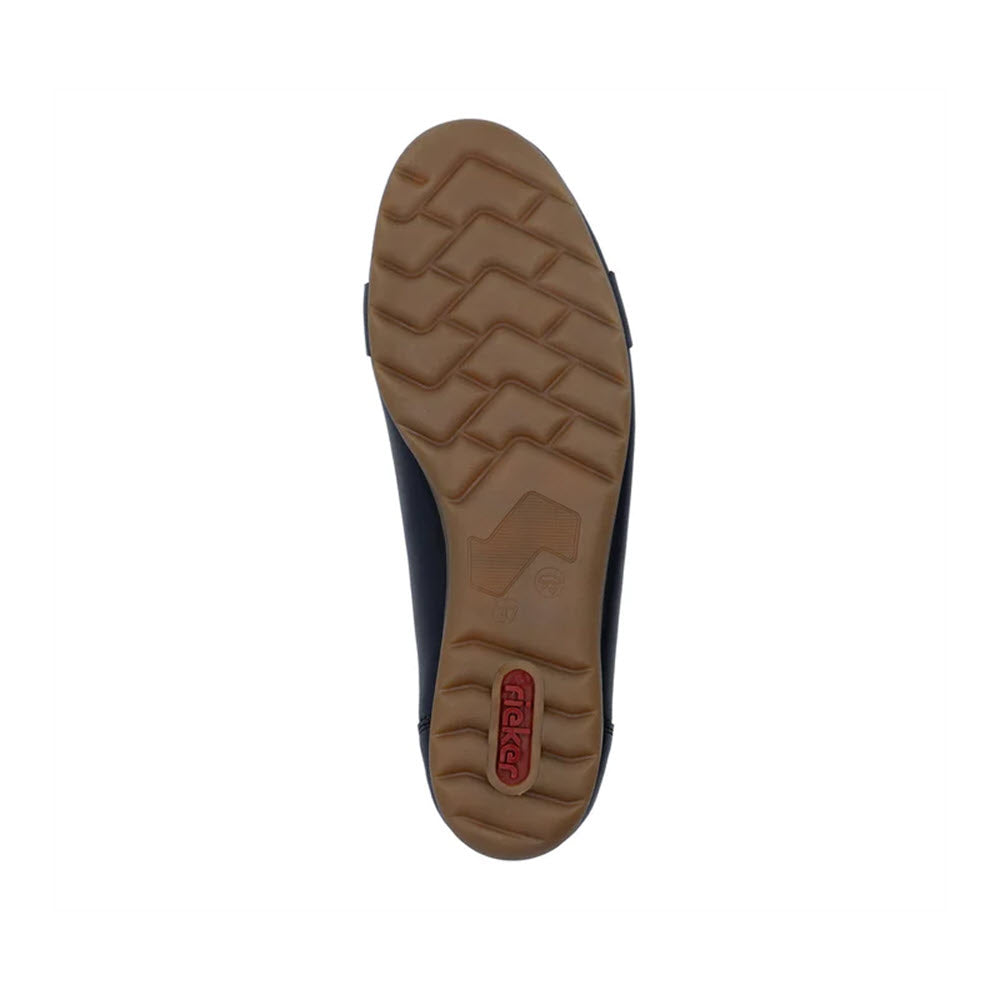 Bottom view of a Rieker ballet flat navy showcasing a tan rubber sole with a zigzag tread pattern and a red logo.