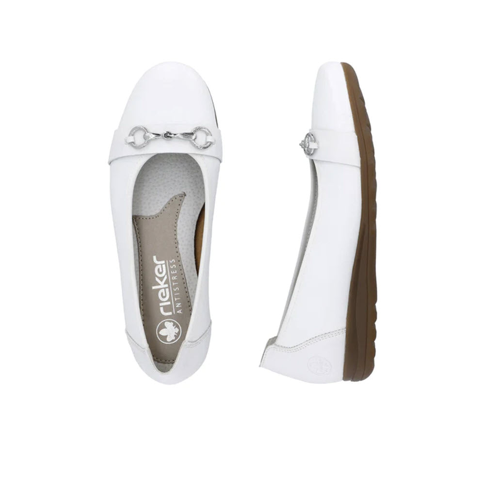 RIEKER BALLET FLAT WHITE - WOMENS shoes for women displayed from top and side views, featuring a metal chain decoration on the vamp and wedge-heeled outsoles.